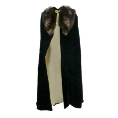 Antique 30s Black Silk Velvet Opera Cape w/ Removable Fox Fur Collar