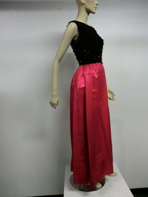 Red 60s Velvet and Silk Satin Gown with Black Bead Embellishment