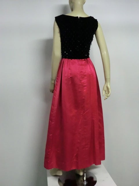 Women's 60s Velvet and Silk Satin Gown with Black Bead Embellishment