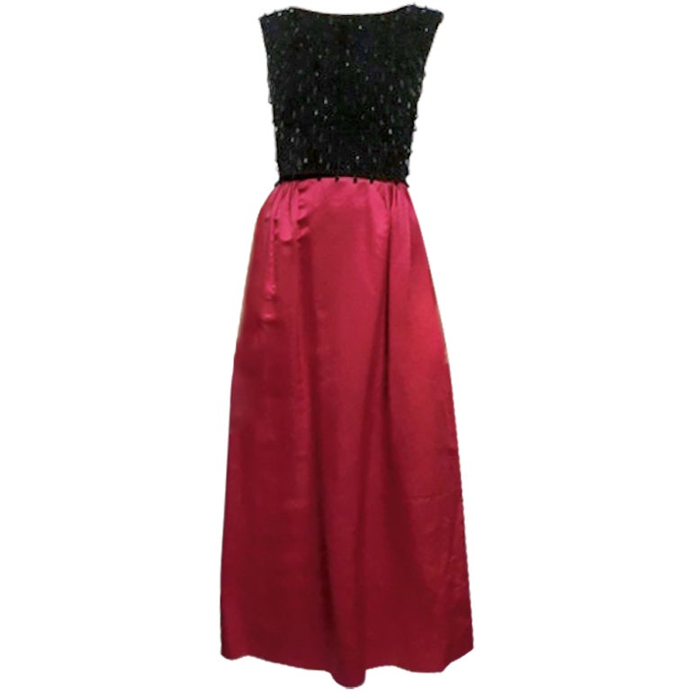 60s Velvet and Silk Satin Gown with Black Bead Embellishment