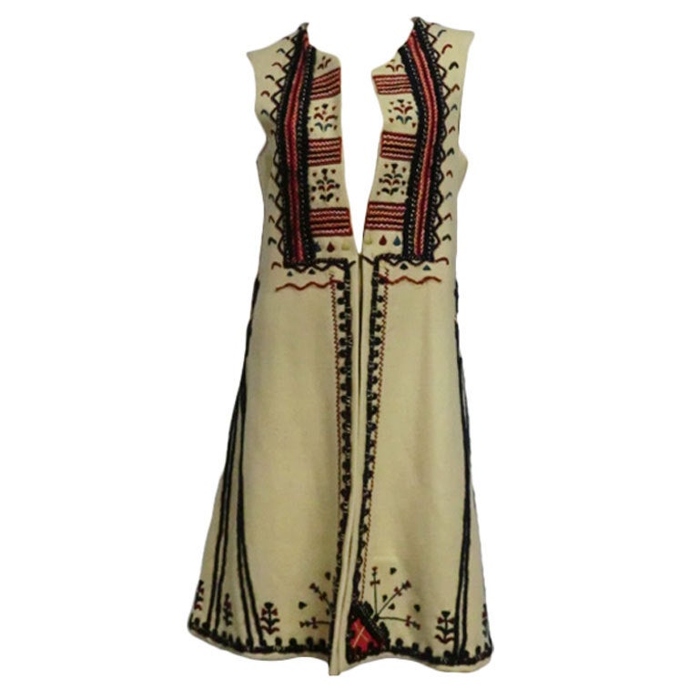 Romanian Hand-Emroidered 3/4 Length Wool Vest Circa 1973
