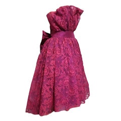 60s Fuchsia Lace Ruffle Strapless Cocktail Dress w/ Bow