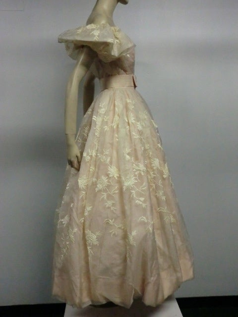 50s Helen Rose Embroidered Silk Organza Gown w/ Puff Sleeves 1