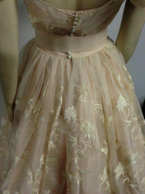 50s Helen Rose Embroidered Silk Organza Gown w/ Puff Sleeves 2
