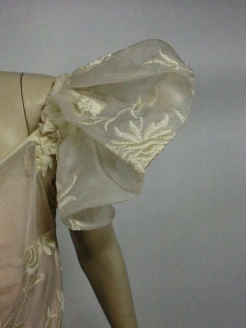 50s Helen Rose Embroidered Silk Organza Gown w/ Puff Sleeves 3