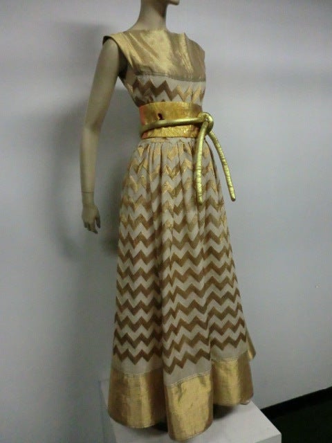 Brown Arnold Scaasi 60s Chevron Silk Stripe Lamé Gown