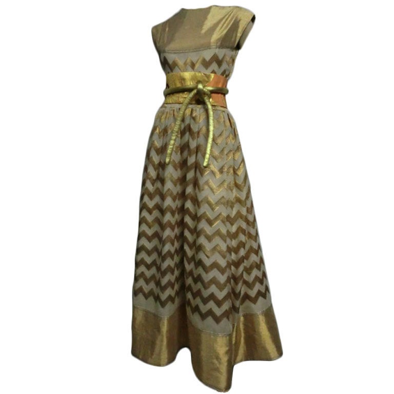 Arnold Scaasi 60s Chevron Silk Stripe Lamé Gown