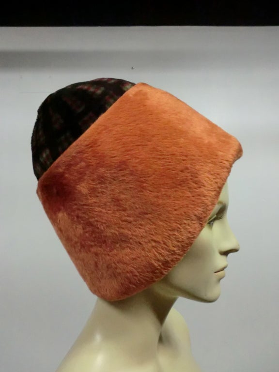 An outrageous 60s Lia Livoli helmet hat in orange and plaid mohair!  Medium size.