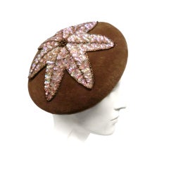 Vintage 50s Cinnamon Felt Beret Style Hat with Sequin Star