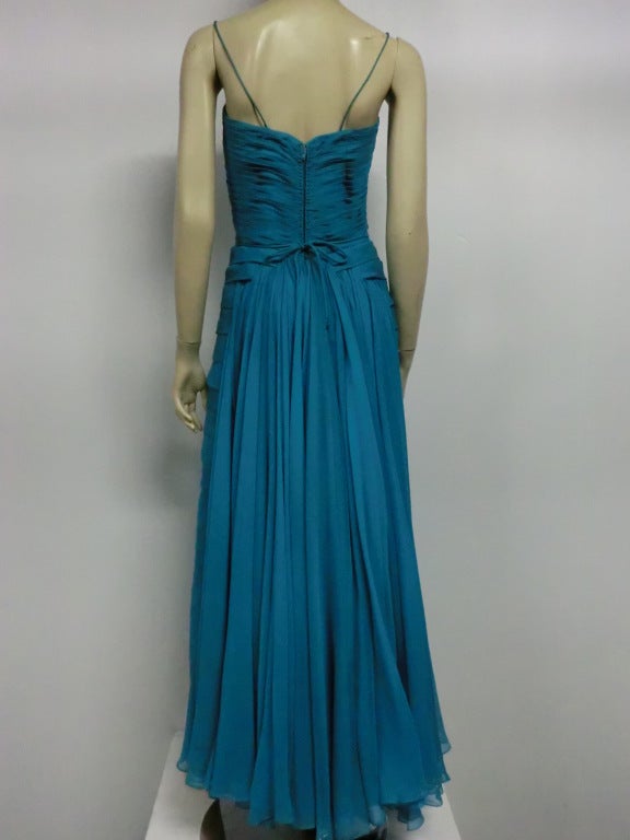 Blue Jean Desses Design Aqua Pleated Gown w/ Flowing Chiffon Back