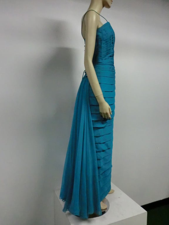 Women's Jean Desses Design Aqua Pleated Gown w/ Flowing Chiffon Back
