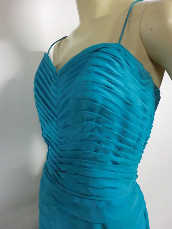 Jean Desses Design Aqua Pleated Gown w/ Flowing Chiffon Back 2