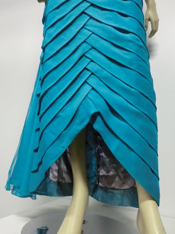 Jean Desses Design Aqua Pleated Gown w/ Flowing Chiffon Back 3