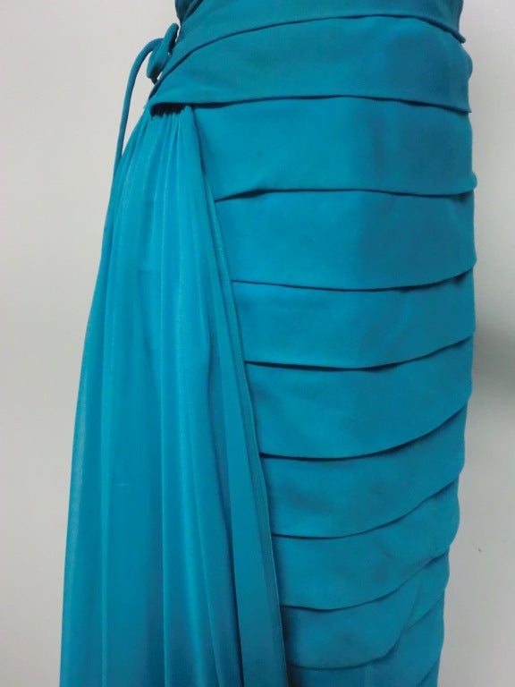 Jean Desses Design Aqua Pleated Gown w/ Flowing Chiffon Back 4