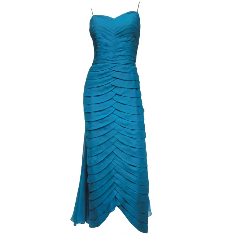 Jean Desses Design Aqua Pleated Gown w/ Flowing Chiffon Back