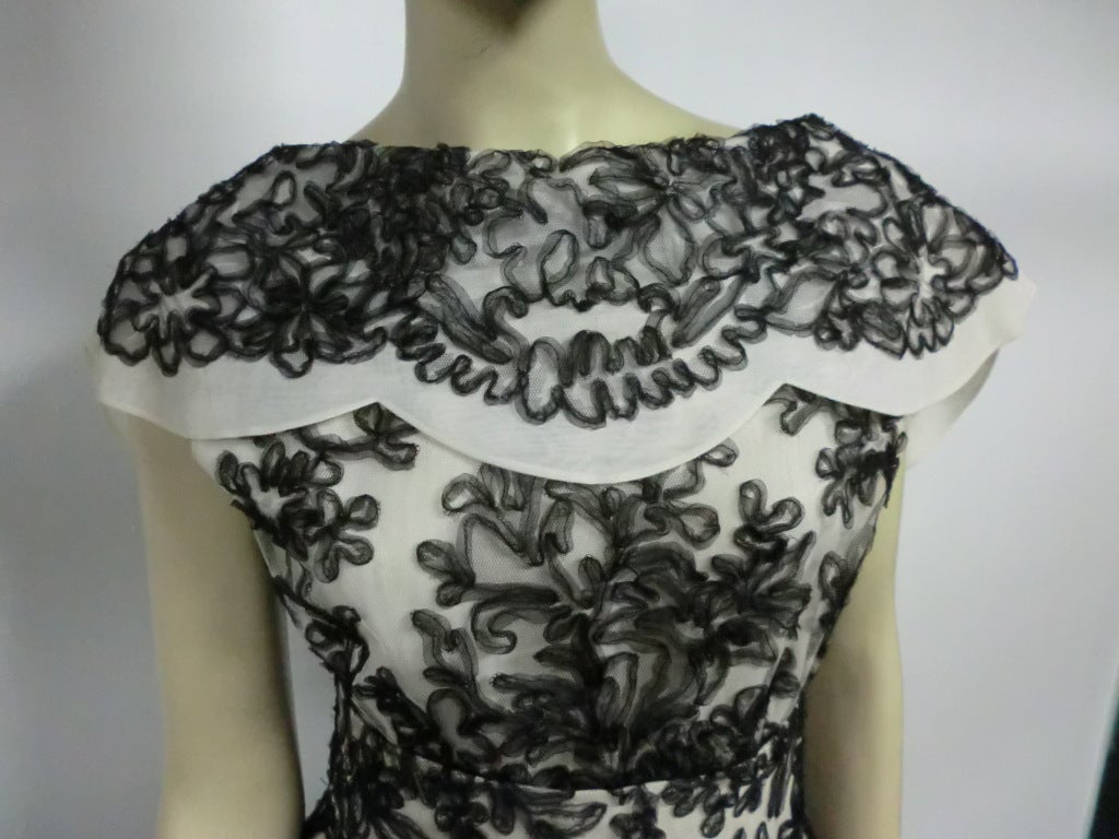 50s Black and White Ribbon Embroidered Gown 1
