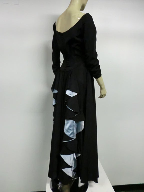 Black 40s Rayon Faille Gown w/ Lovely Cascading Ruffled Back