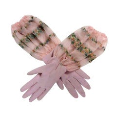 50s Pink/White Gloves w/ Embroidered Organza Gauntlet