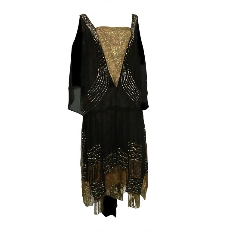 20s Gold Lamé Lace Flapper Dress with Bead Fringe and Rhinestones For ...