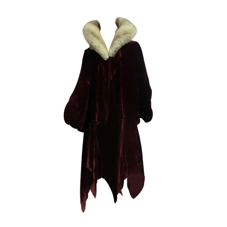 20s Silk Velvet Evening Cocoon Coat w/ Lush Chinchilla Collar
