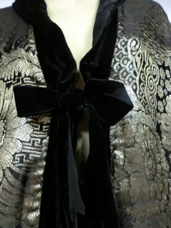 Black 20s Antique Gold Silk and Lamé Capelet w/ Silk Velvet Lining