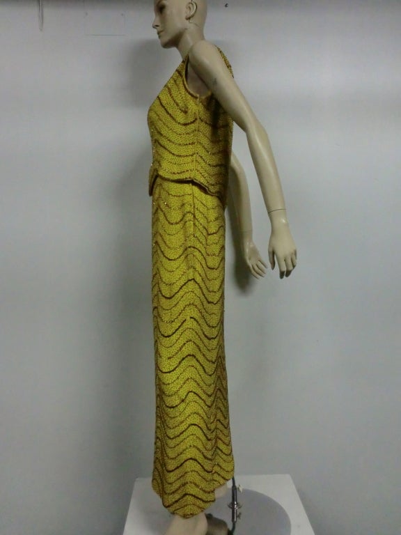 Brown 60s Chartreuse Beaded Silk Crepe Two-Piece Gown