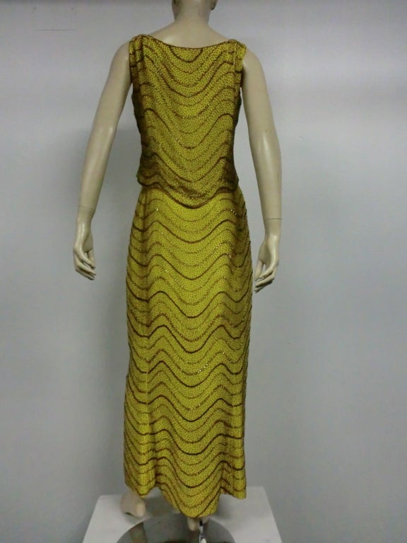 Women's 60s Chartreuse Beaded Silk Crepe Two-Piece Gown
