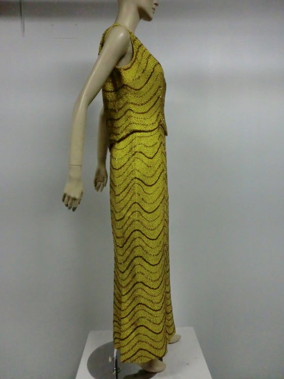 60s Chartreuse Beaded Silk Crepe Two-Piece Gown 1