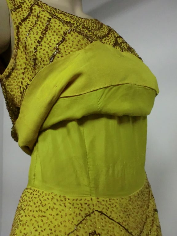 60s Chartreuse Beaded Silk Crepe Two-Piece Gown 2