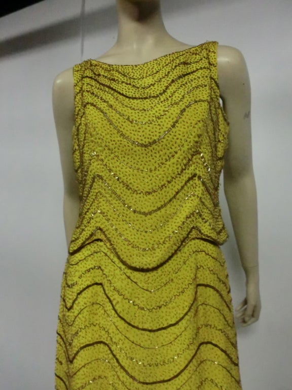 60s Chartreuse Beaded Silk Crepe Two-Piece Gown 3