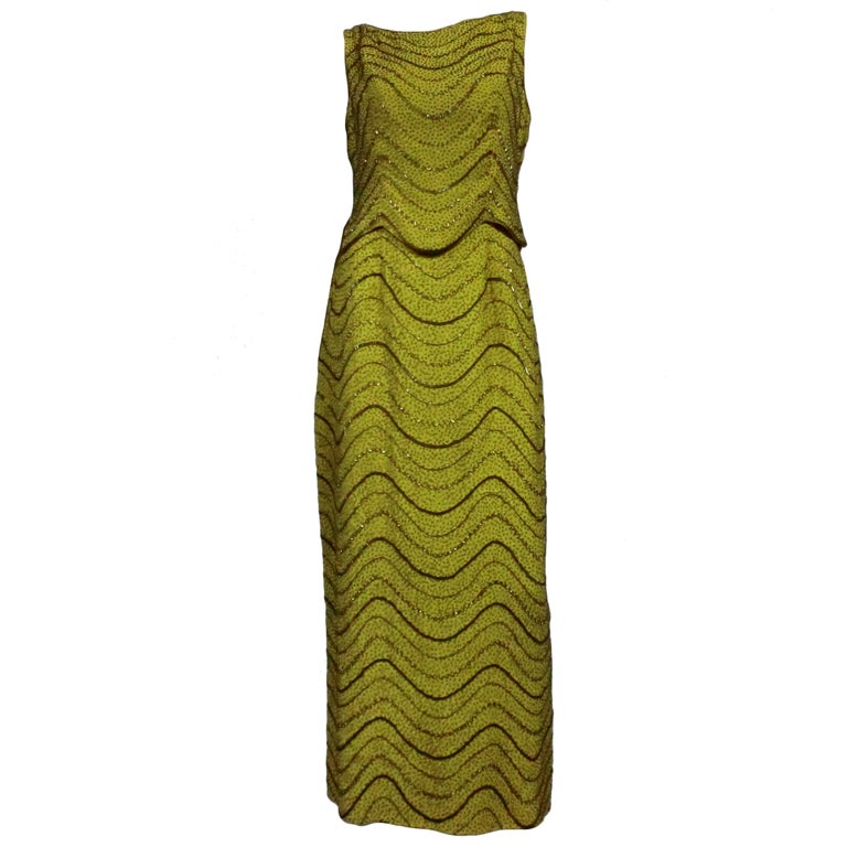 60s Chartreuse Beaded Silk Crepe Two-Piece Gown