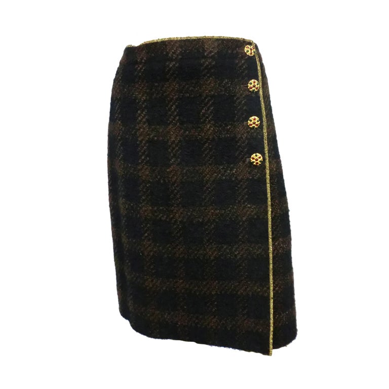 Chanel Brown/Black Tweed Wrap Pencil Skirt w/ Gold Facing
