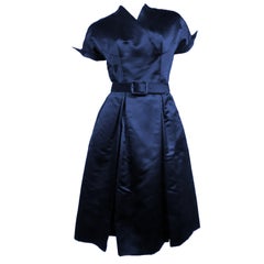 50s French Import Midnight Blue Silk Satin Cocktail Dress