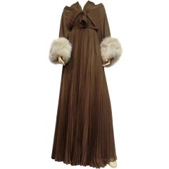 Bill Blass 70s Pleated Silk Goddess Halter Gown w/ Fox Jacket