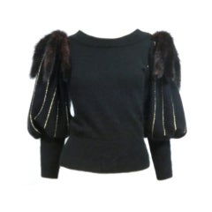 Vintage 70s Angora, Wool and Gold Lurex Sweater with Mink Tail Shoulders