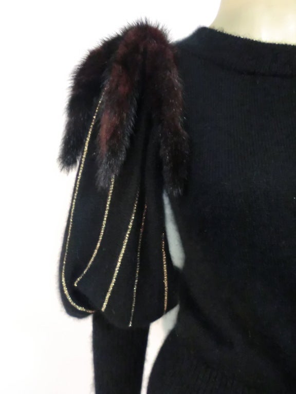 70s Angora, Wool and Gold Lurex Sweater with Mink Tail Shoulders