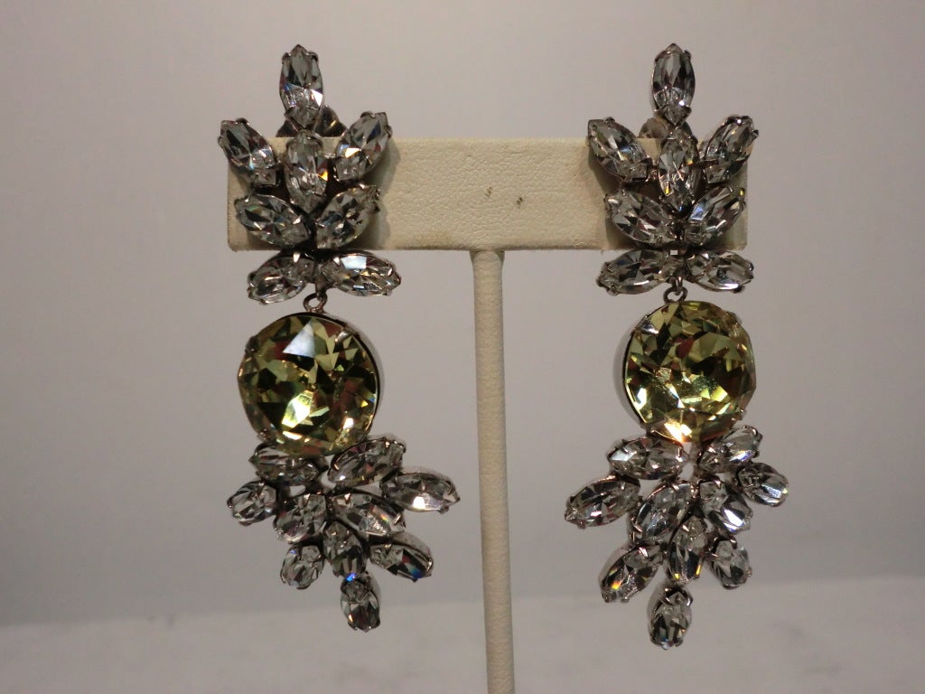 Scaasi Chandelier Rhinestone Earrings with Canary Yellow Center