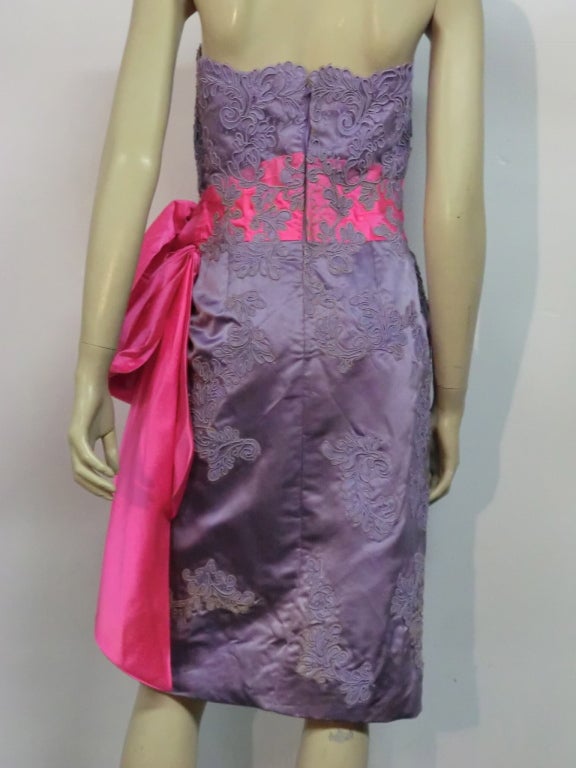 Neiman Marcus 50s Lilac Lace and Fuchsia Silk Strapless Dress 2