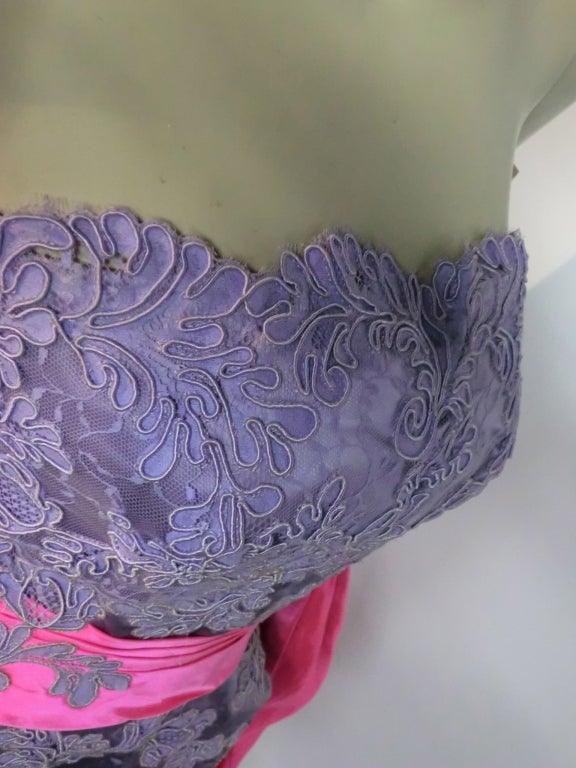 Neiman Marcus 50s Lilac Lace and Fuchsia Silk Strapless Dress 6