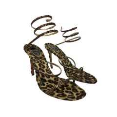 Rene Caovilla Rhinestone Strappy Sandals w/ Leopard Footbed