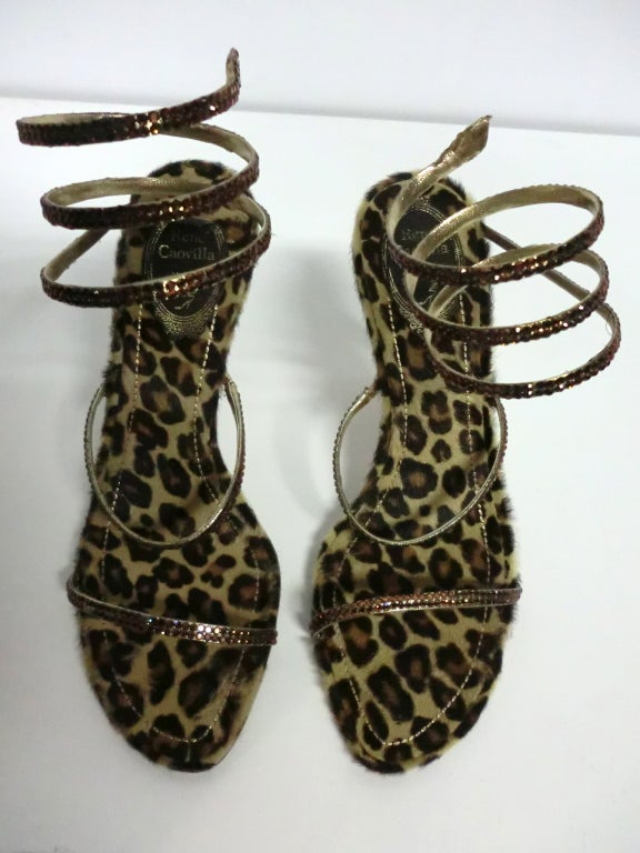 Rene Caovilla Rhinestone Strappy Sandals w/ Leopard Footbed