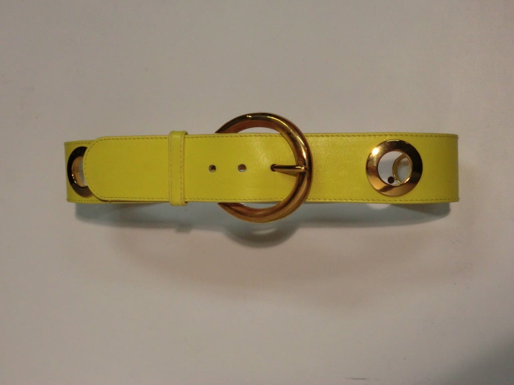 Escada 80s Neon Yellow Leather Belt w/ Eyelets