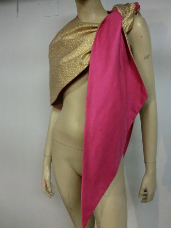 50s Glam Gold Lame Evening Wrap w/ Fuchsia Lining and Embroidery 1