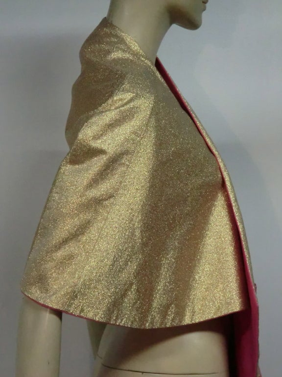 50s Glam Gold Lame Evening Wrap w/ Fuchsia Lining and Embroidery 3