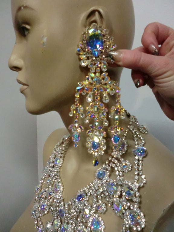 Women's Outrageous 80s Aurora Borealis Chandelier Rhinestone Earrings