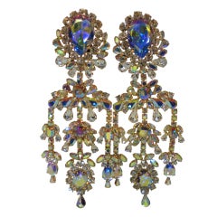 Vintage Outrageous 80s Aurora Borealis Chandelier Rhinestone Earrings