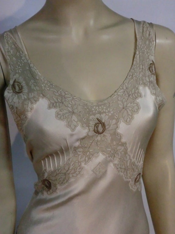 30s Bias Silk Satin Nightgown in Ecru with Lace 1