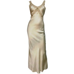 30s Bias Silk Satin Nightgown in Ecru with Lace
