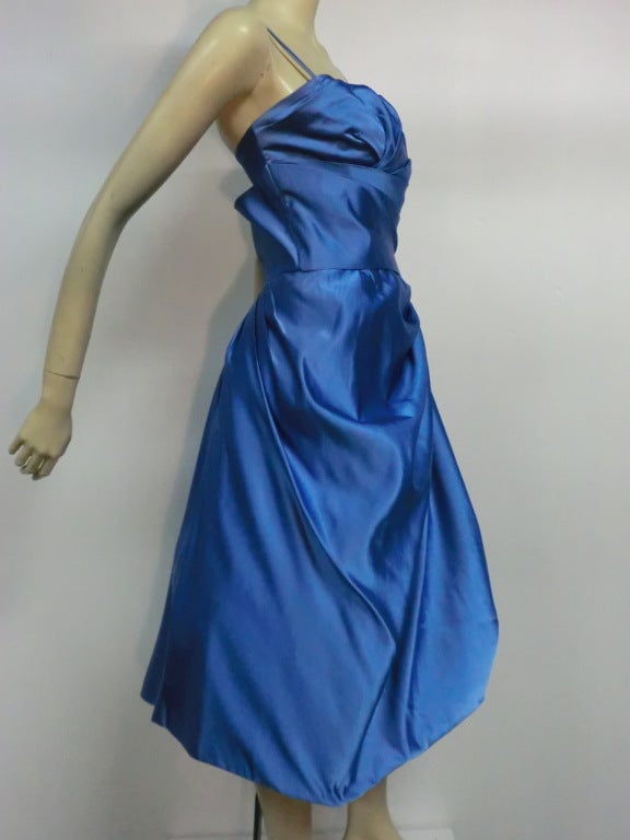 Women's Ceil Chapman 50s Silk Satin Azure Cocktail Gown w/ Bubble Hem