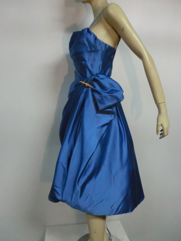 Ceil Chapman 50s Silk Satin Azure Cocktail Gown w/ Bubble Hem 2